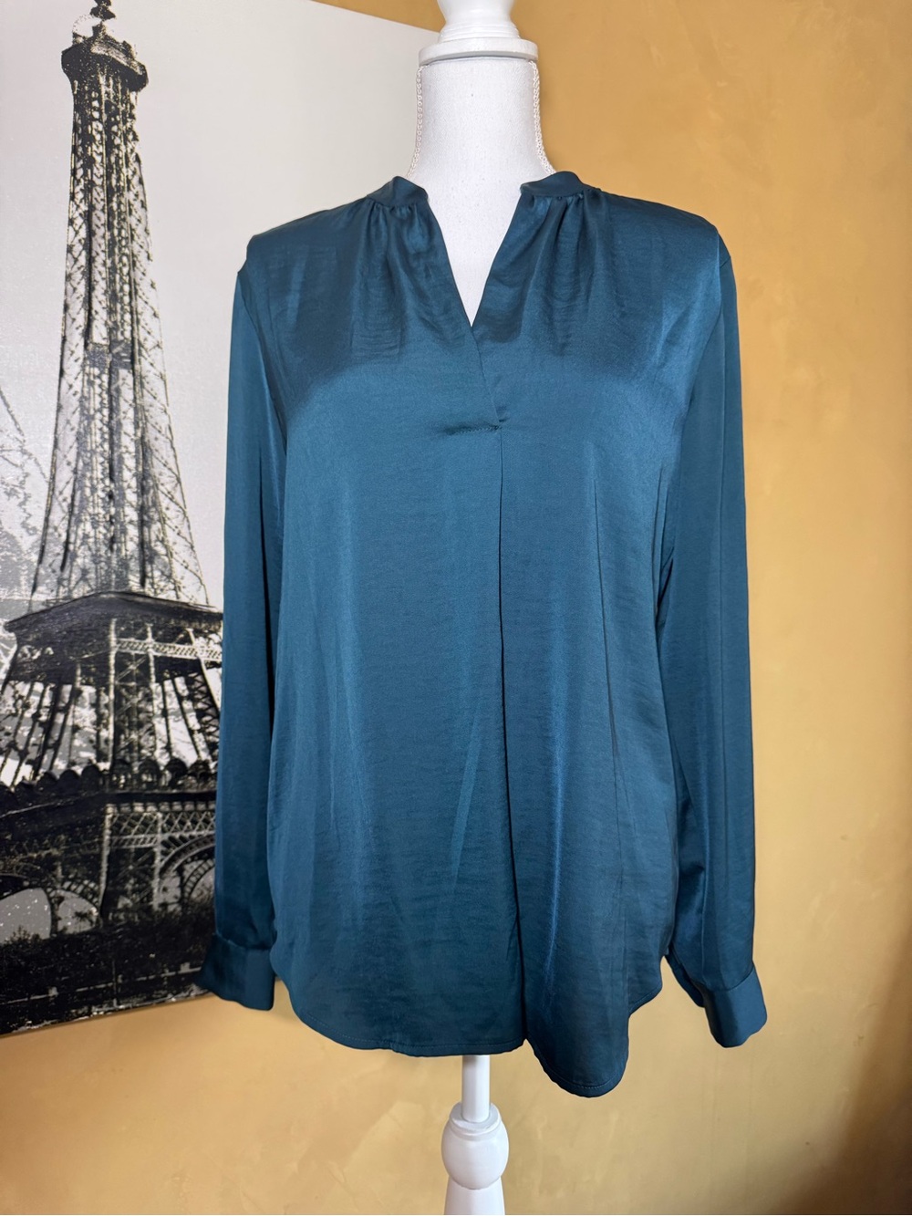 LOFT Teal Satin V-Neck Long Sleeve Blouse